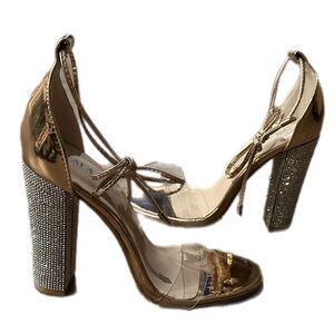 Lala‎ Ikai Gold High Heels Gladiator Shiny Rhinestone Ankle Strap Stilettos
